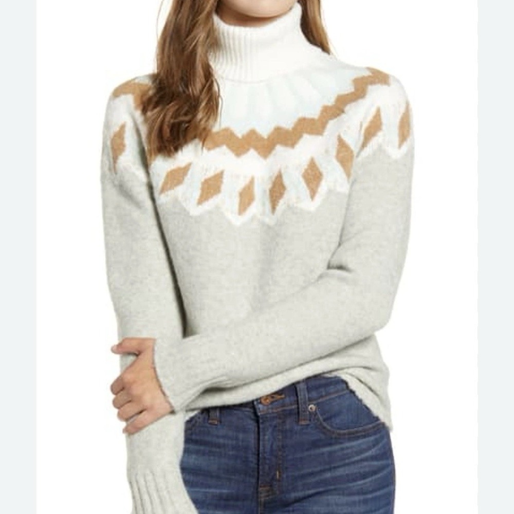 J Crew Fair Isle Turtleneck Sweater M Gray Softspun Yarn Wool Alpaca AF026